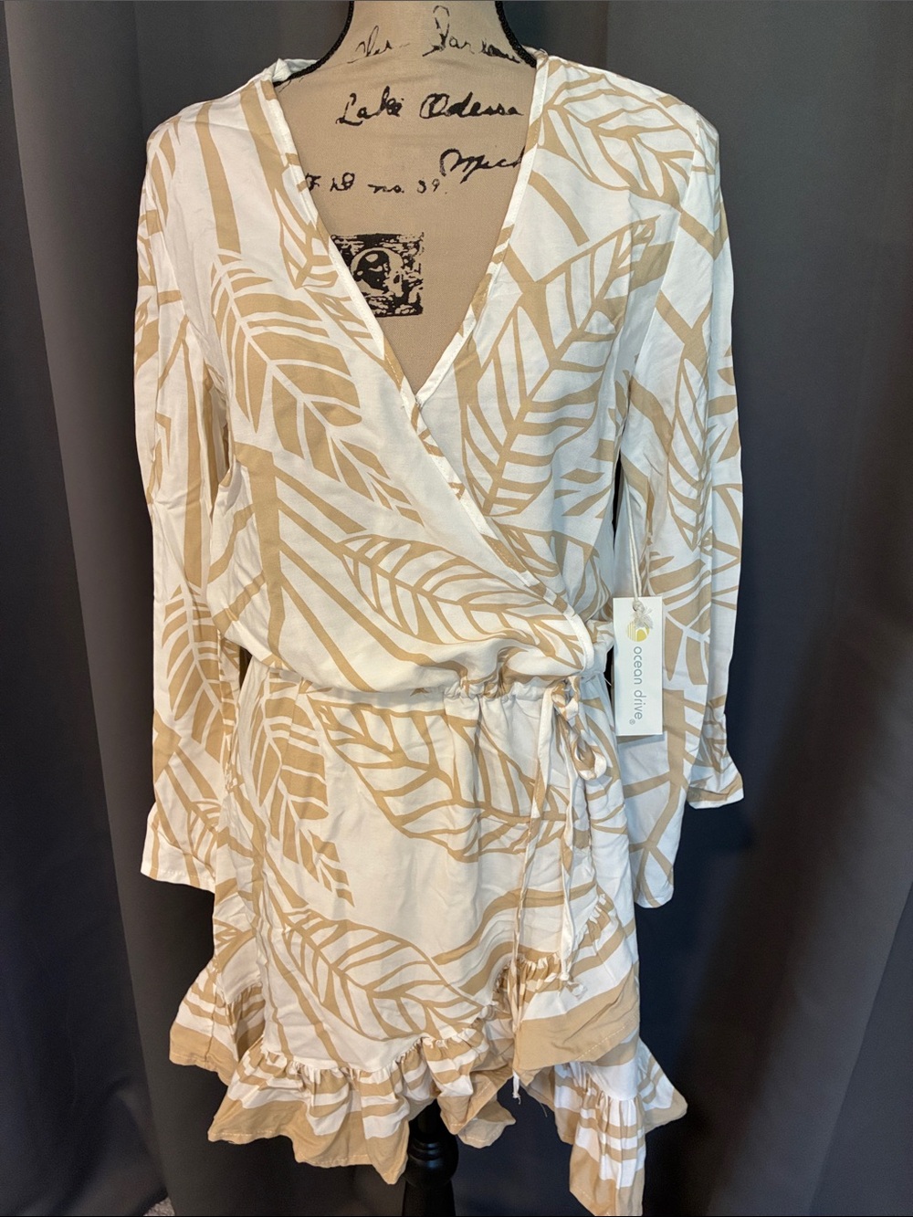 Ocean Drive Beige & White Leaf-Print Faux Wrap Dress